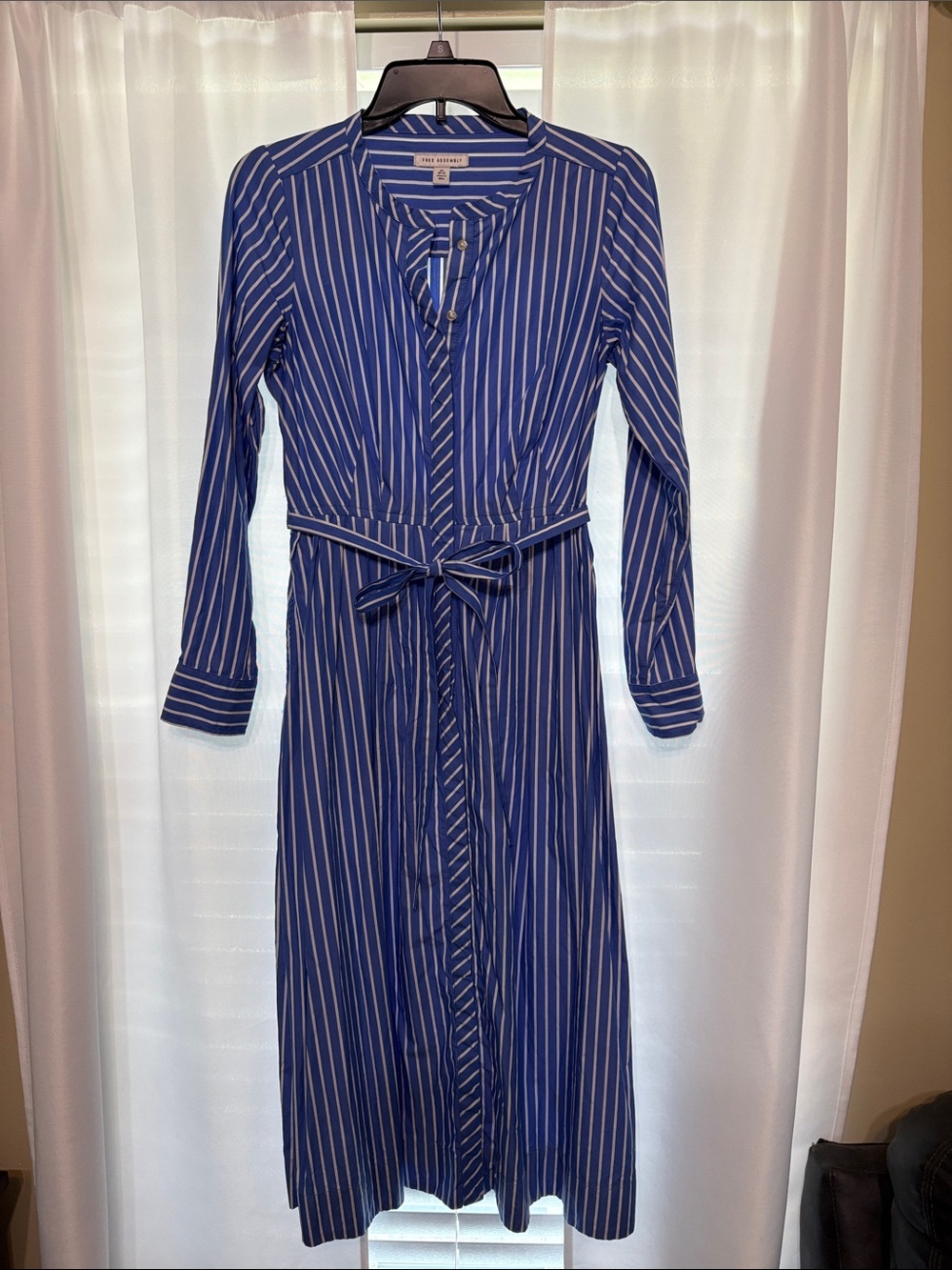 Striped Blue Long-Sleeve Shirt Dress with Waist Tie